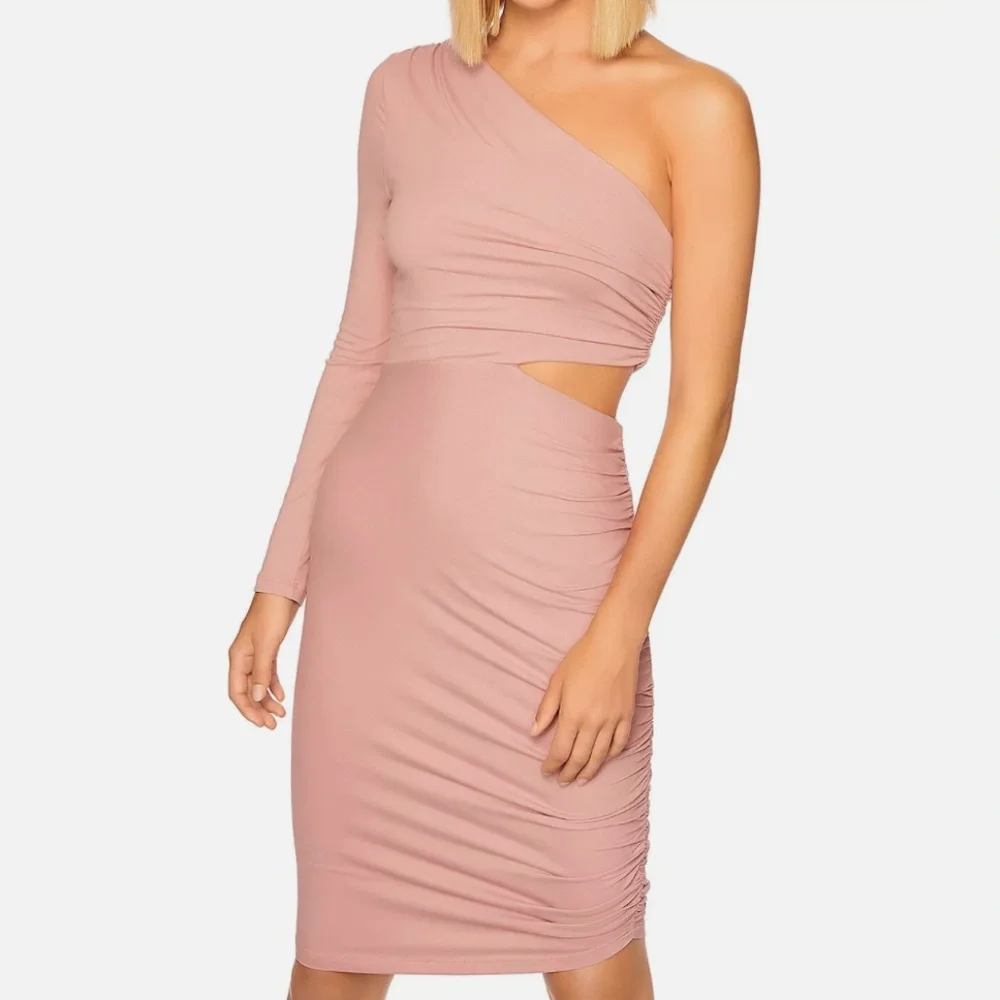Susana Monaco Womens Blush Pink One Shoulder Cut Out Midi Ruched Dress Small - Picture 1 of 14